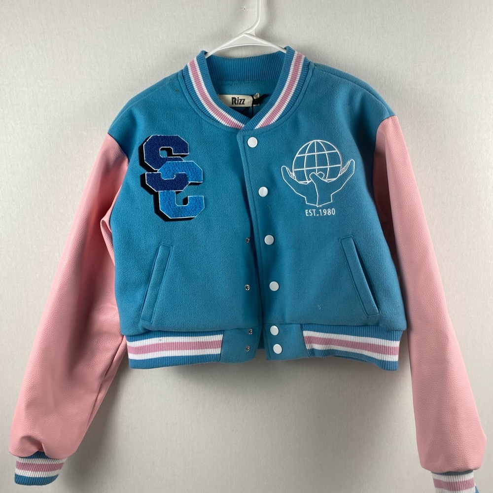 Blue and Pink Varsity Jacket with Embroidered Design